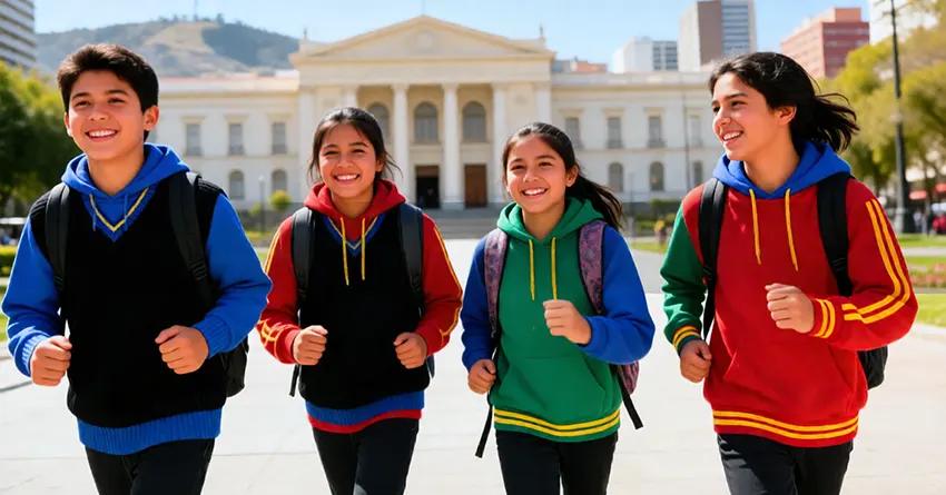 Estudiantes con buzos y polerones escolares