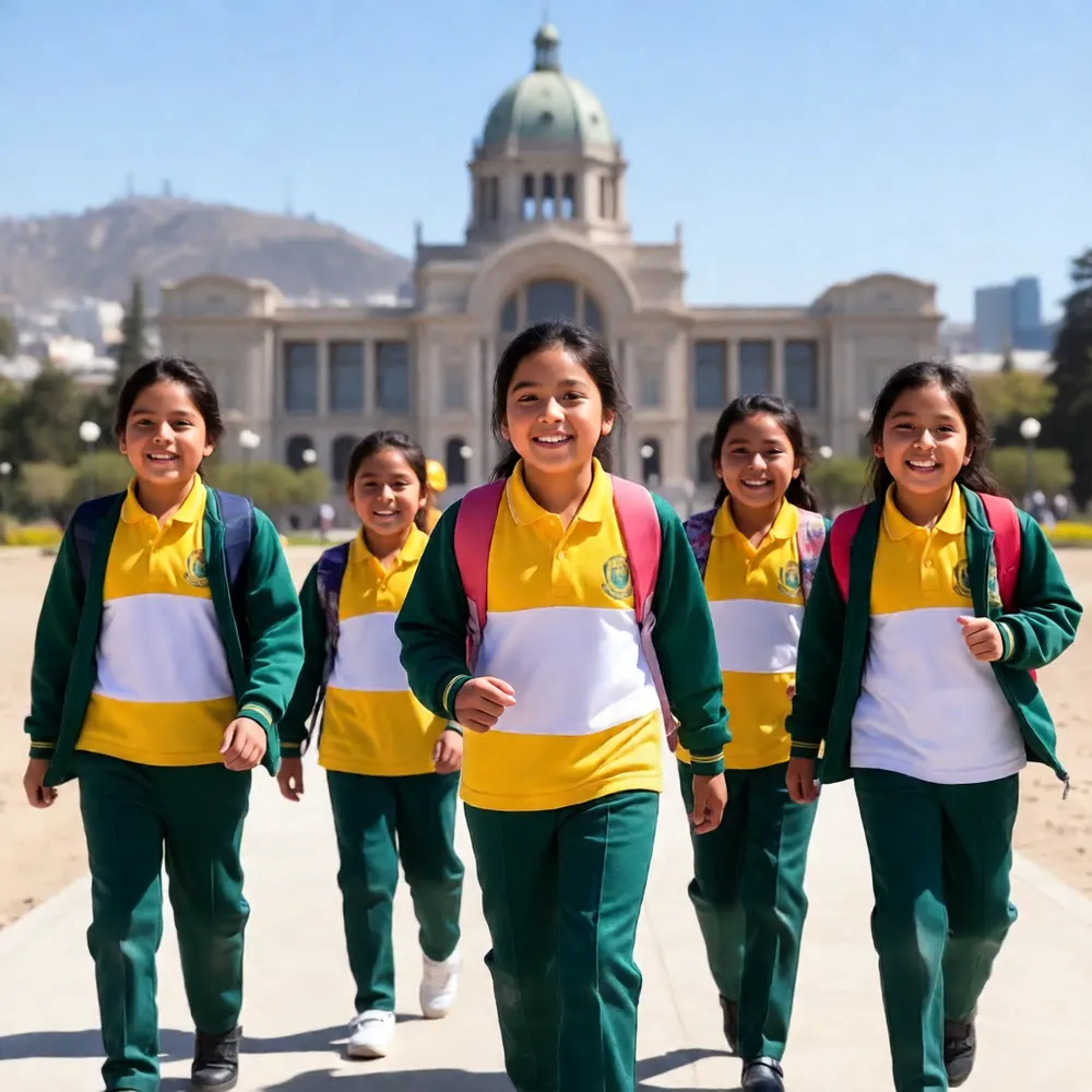 Niñas con uniforme escolar verde y amarillo